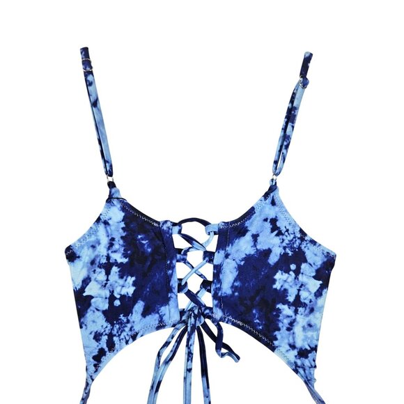 Meyeeka Womens XL Blue Tie-Dye Cut Out High Cut Lace Up Monokini 1 Pc Swimsuit - Picture 7 of 9